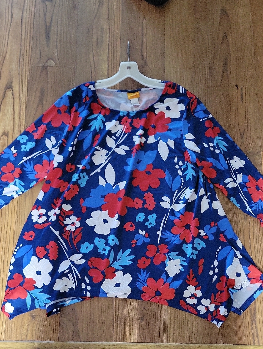 Ruby Rd. Navy Floral Scoop Neck Top with Red & Light Blue Blooms